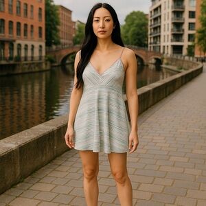 Paper Crane S Small Pastel Striped V-Neck Sundress Mini Dress Summer Casual